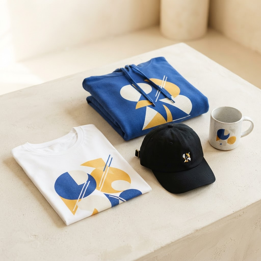 Printed t-shirt, hoodie, cap, and mug